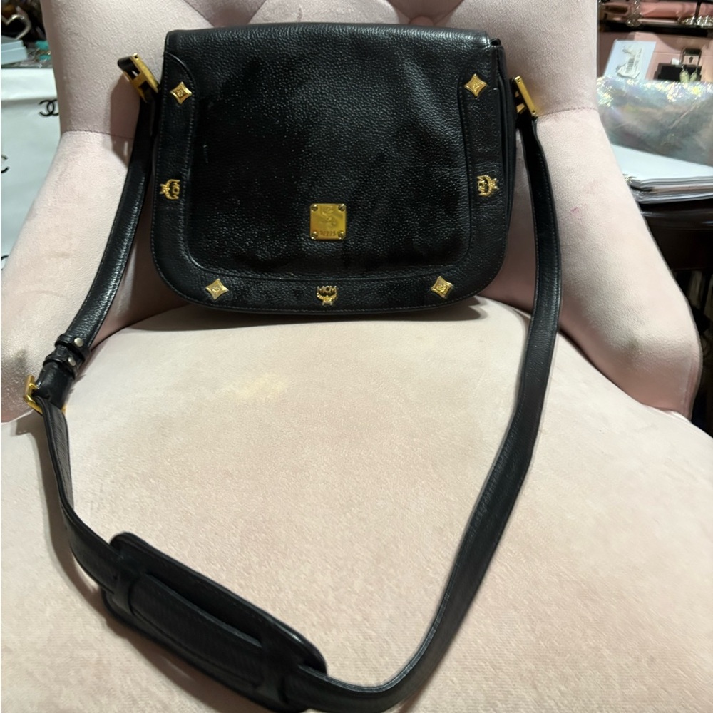 MCM Black Leather Studded Flap Criossbody Shoulder Bag